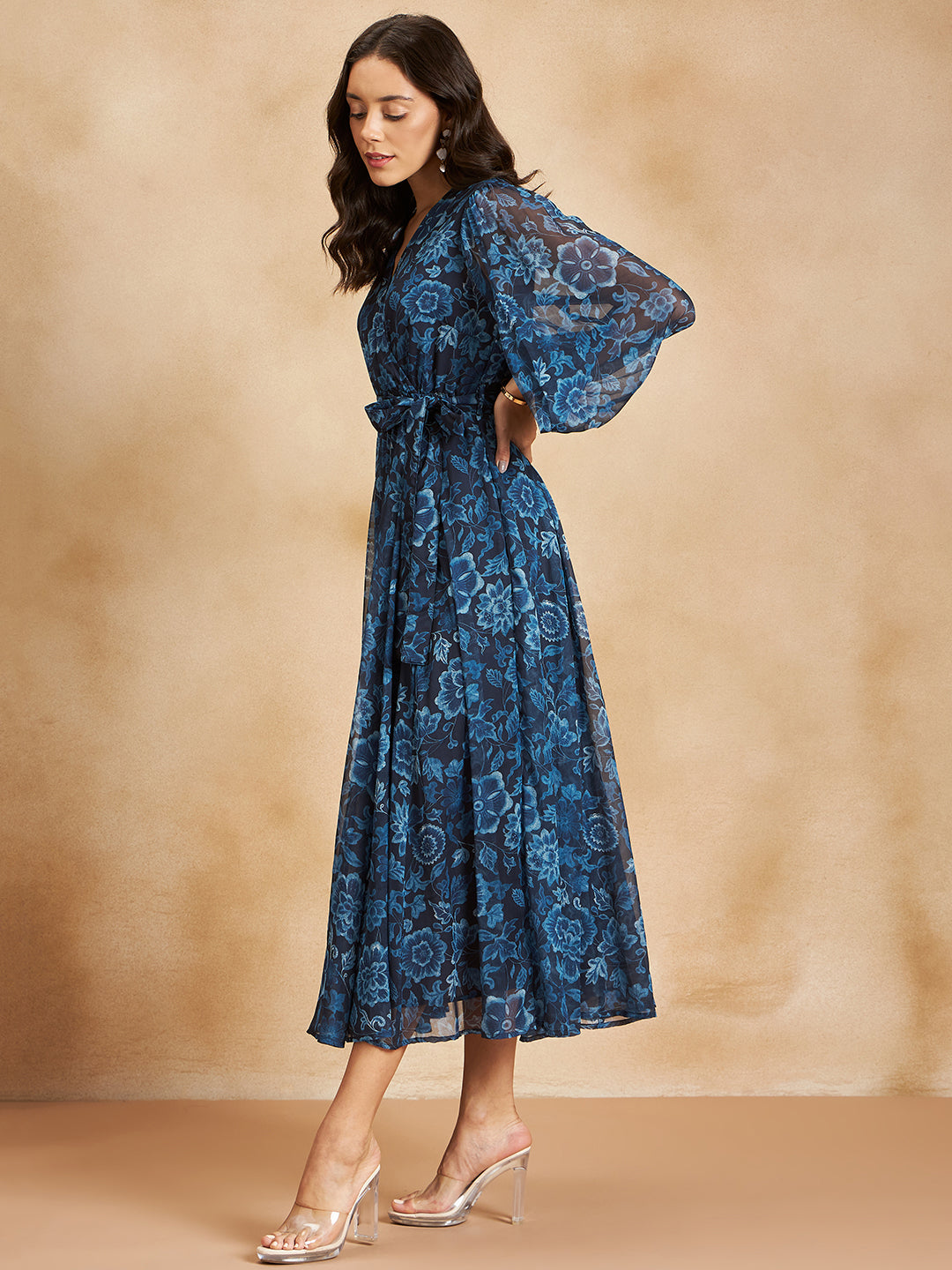 Navy Floral Printed Wrap Maxi Dress