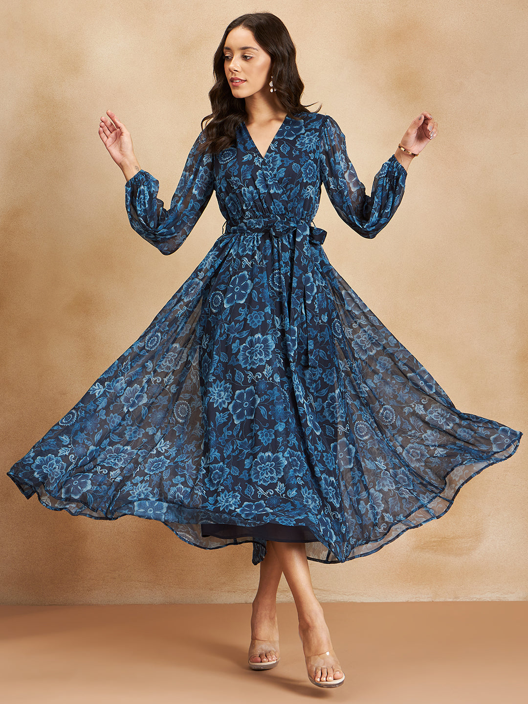 Navy Floral Printed Wrap Maxi Dress