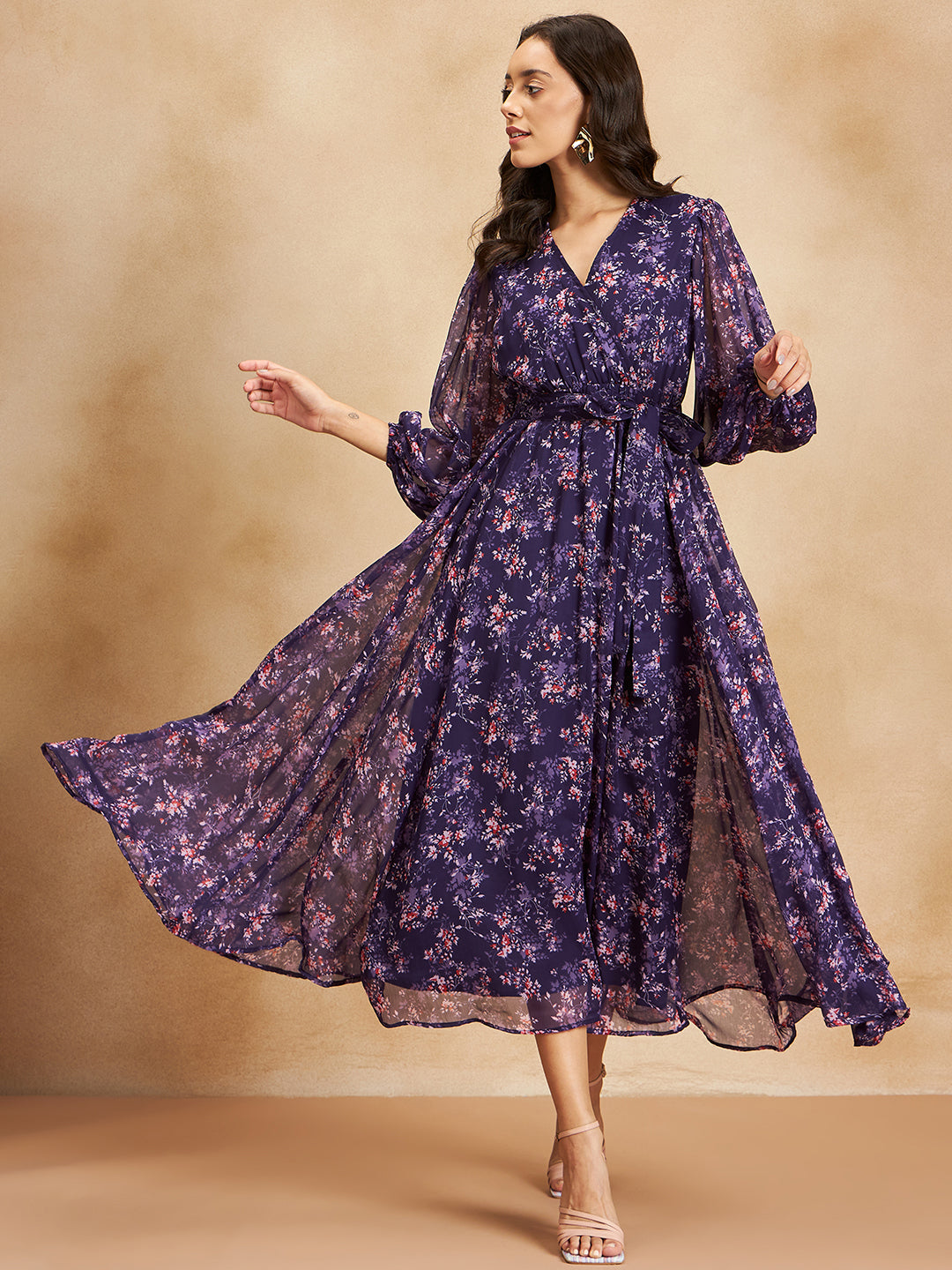 Purple Floral Printed Wrap Maxi Dress