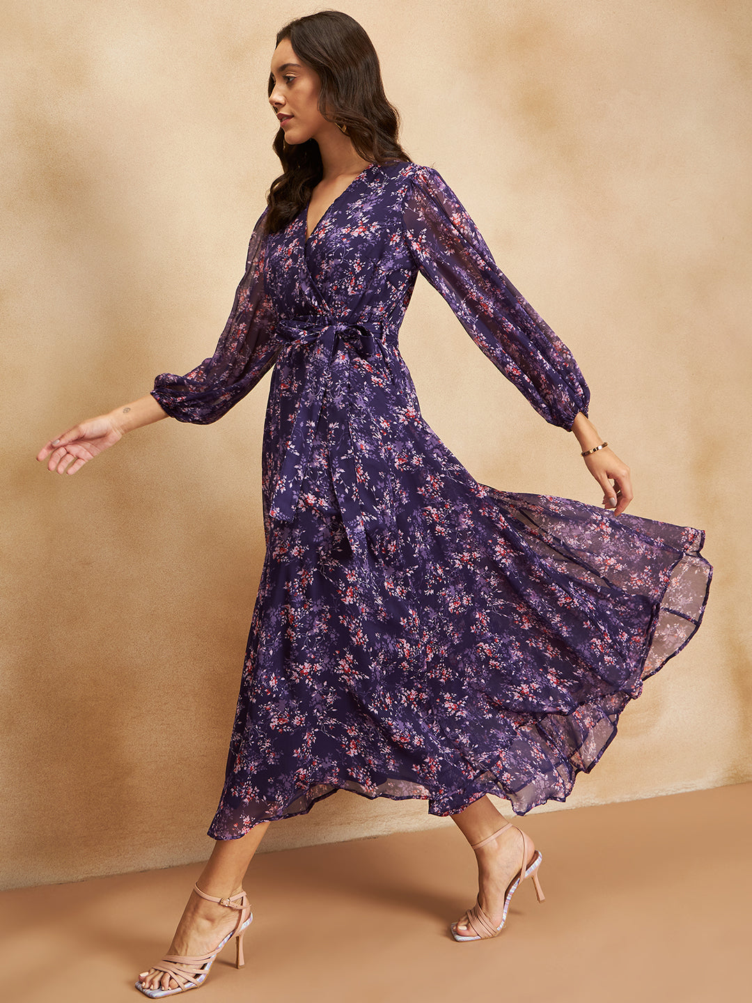 Purple Floral Printed Wrap Maxi Dress