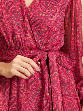 Pink Paisley Printed Dobby Wrap Maxi Dress