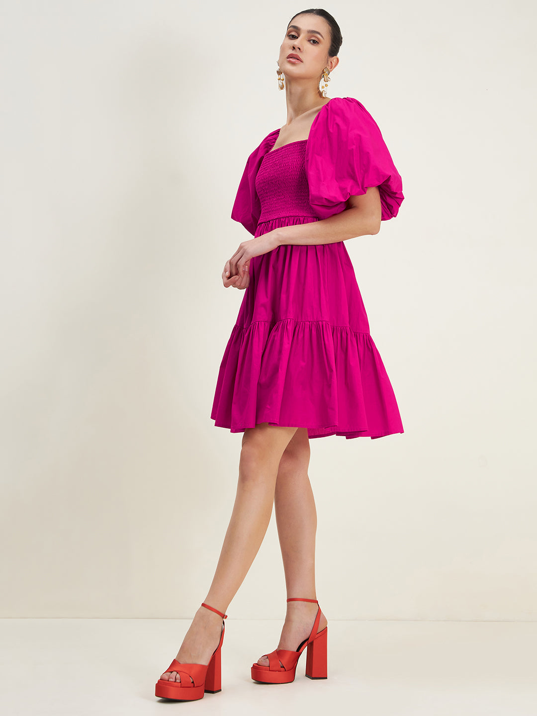 Pink Cotton Smocked Mini Tiered Dress
