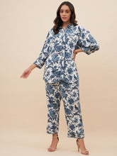 Blue Tropical Print Top Stitch Detail Coord Set