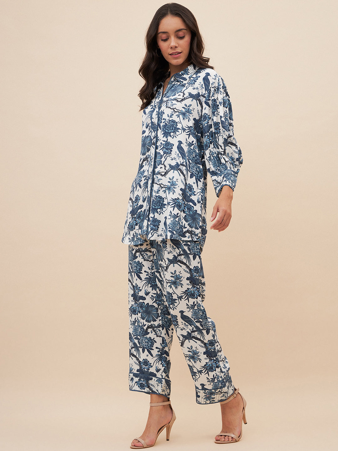 Blue Tropical Print Top Stitch Detail Coord Set