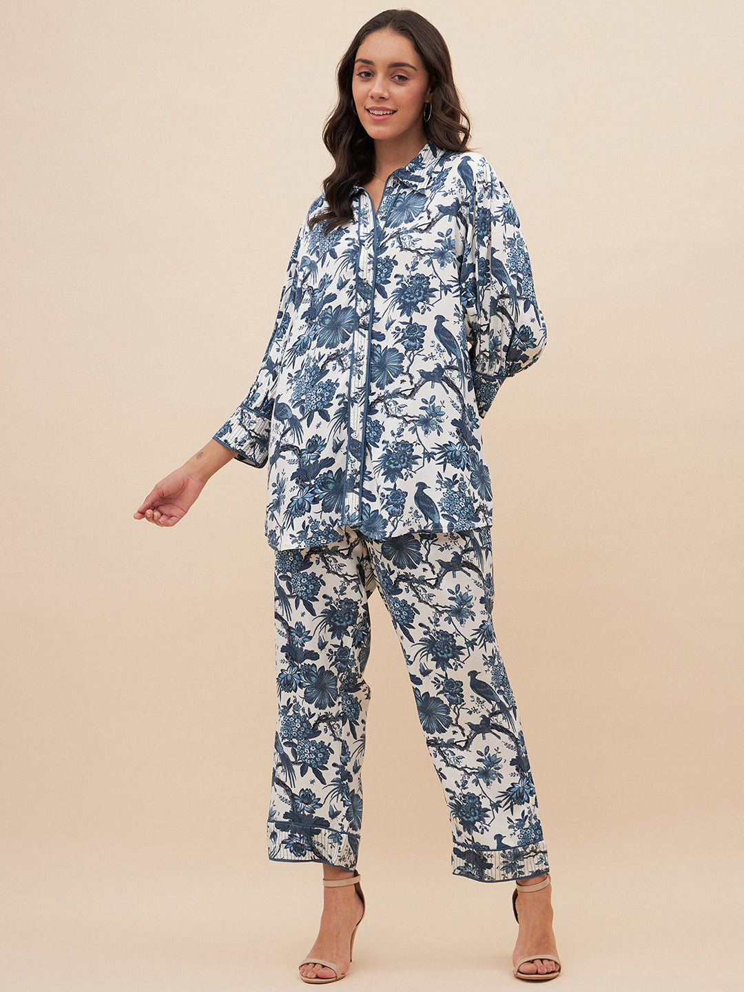 Blue Tropical Print Top Stitch Detail Coord Set