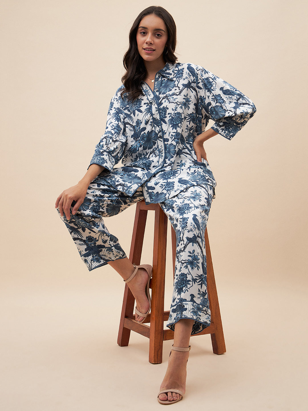 Blue Tropical Print Top Stitch Detail Coord Set