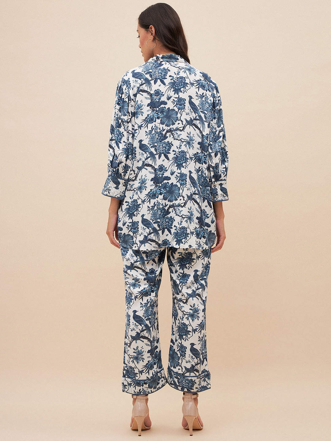 Blue Tropical Print Top Stitch Detail Coord Set