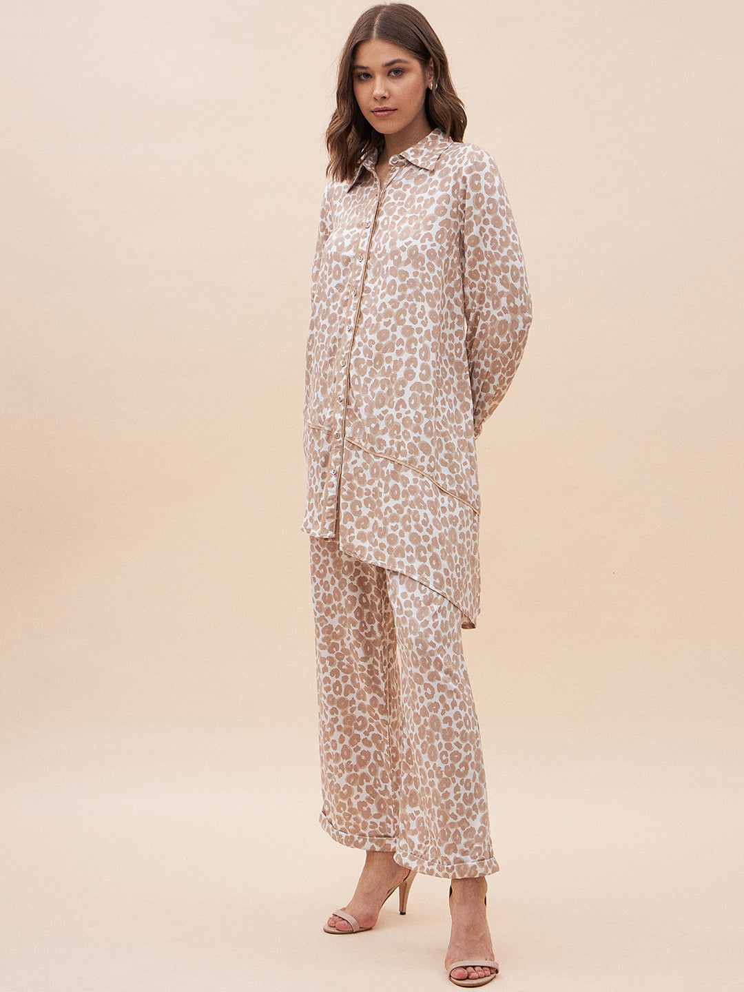 Beige Animal Printed Shirt Co-Ord Set