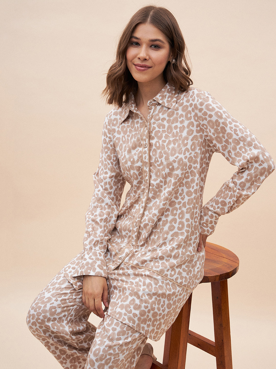 Beige Animal Printed Shirt Co-Ord Set