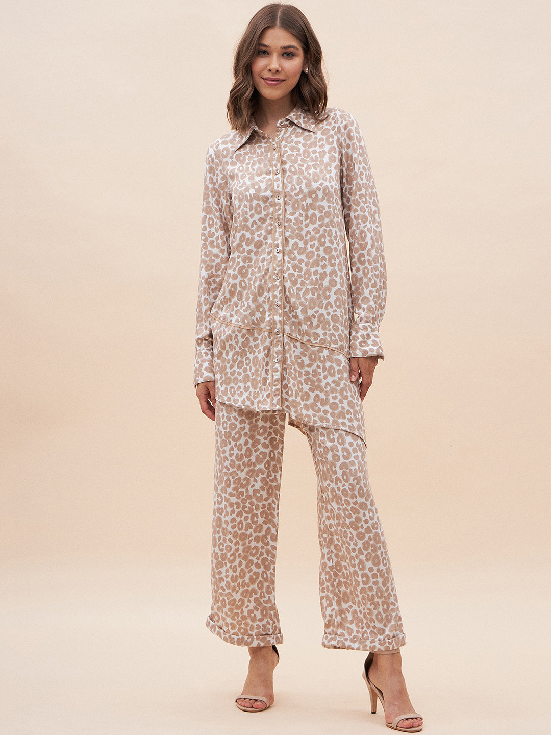 Beige Animal Printed Shirt Co-Ord Set