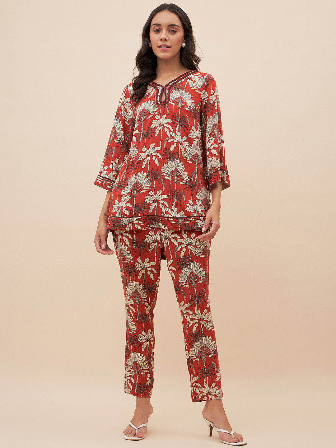 Rust Palm Print Braided Keyhole Detail Coord Set