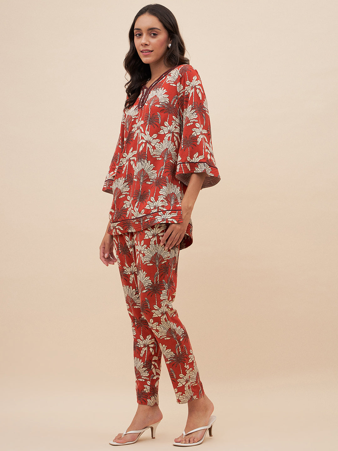 Rust Palm Print Braided Keyhole Detail Coord Set