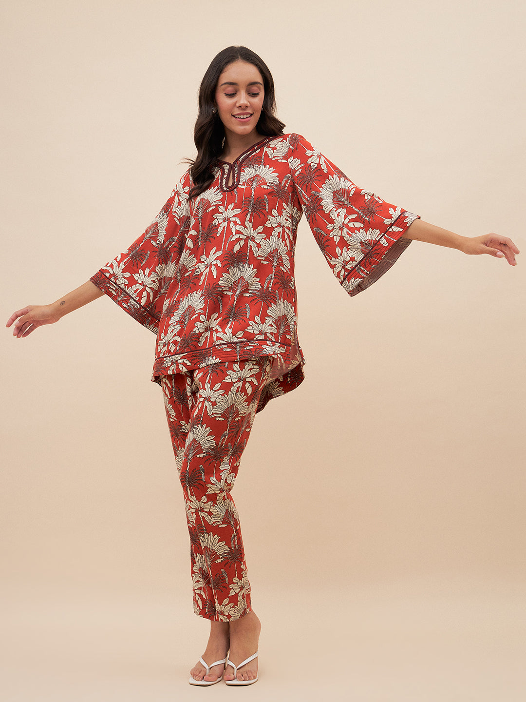 Rust Palm Print Braided Keyhole Detail Coord Set