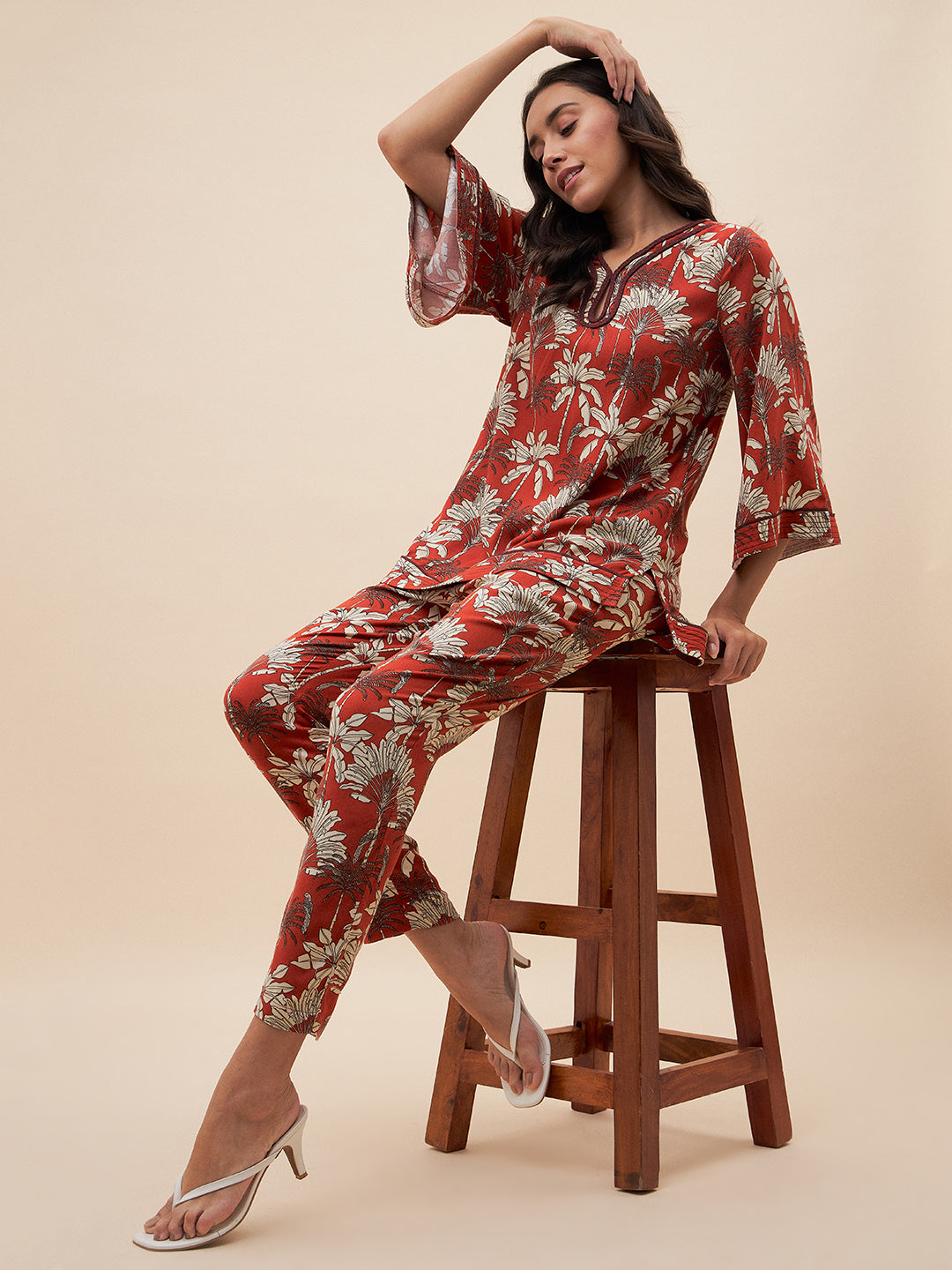 Rust Palm Print Braided Keyhole Detail Coord Set