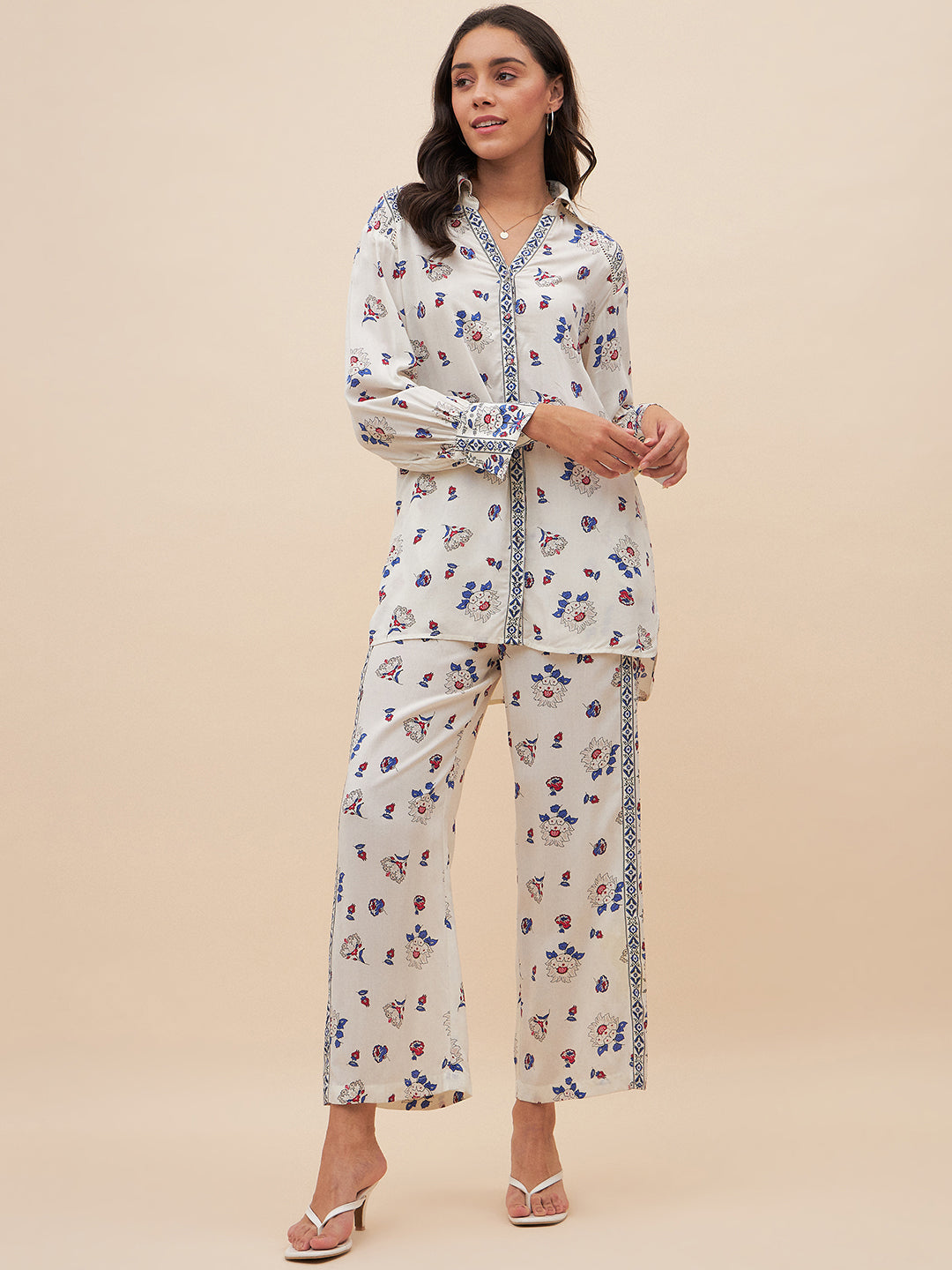 Off White Border Print Shirt Co-Ord Set