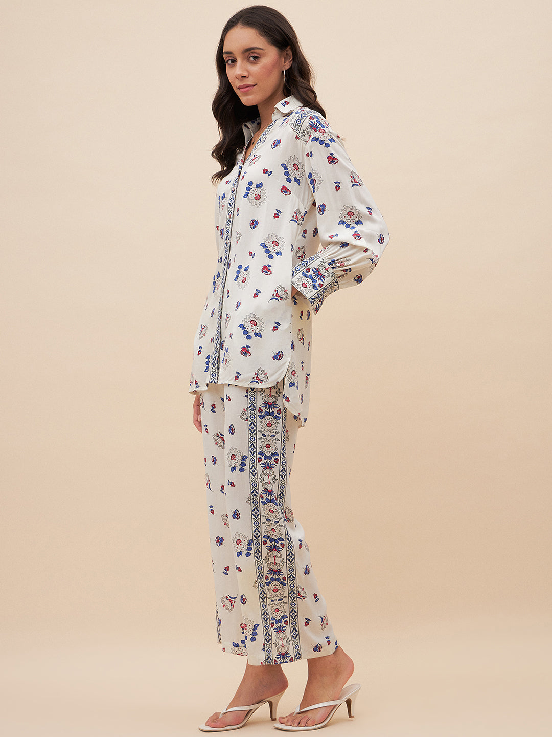 Off White Border Print Shirt Co-Ord Set