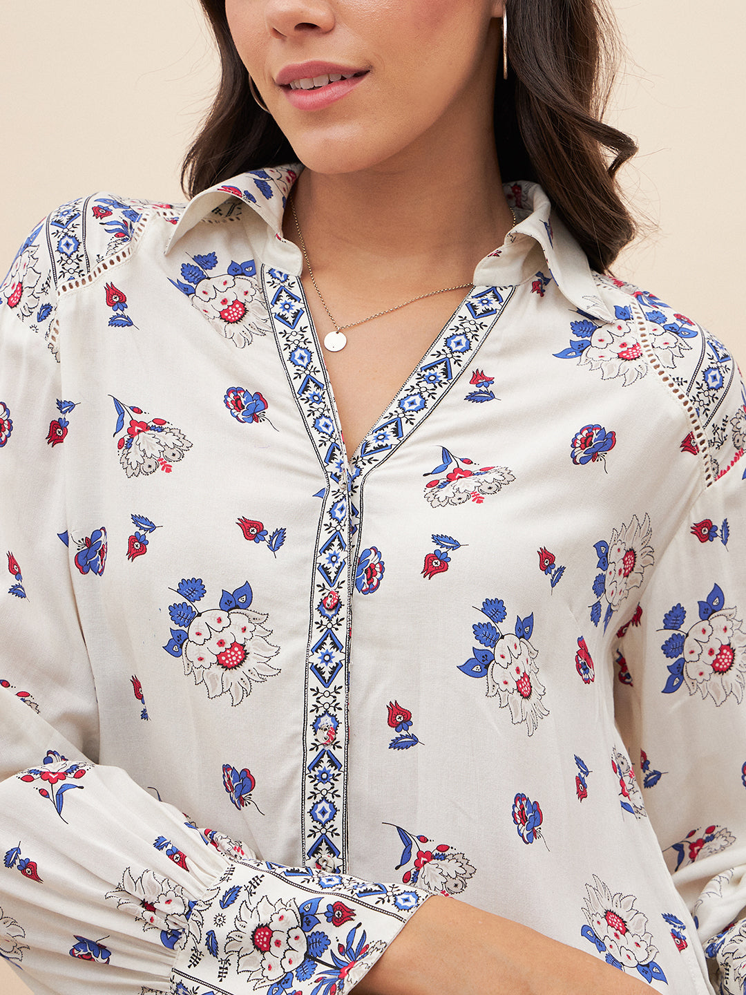 Off White Border Print Shirt Co-Ord Set