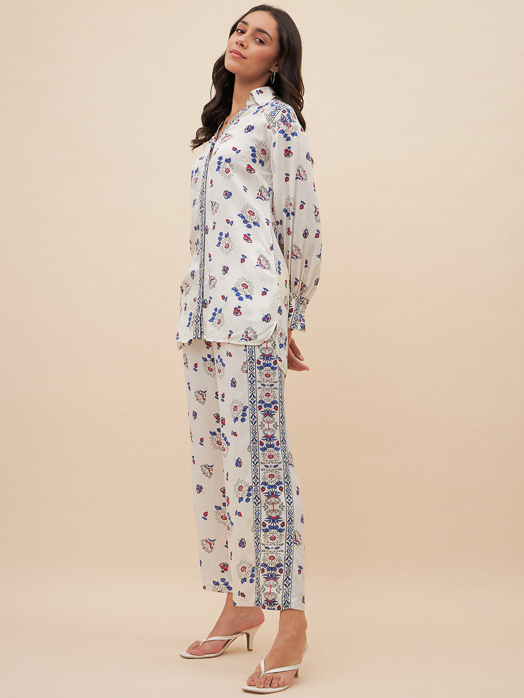 Off White Border Print Shirt Co-Ord Set
