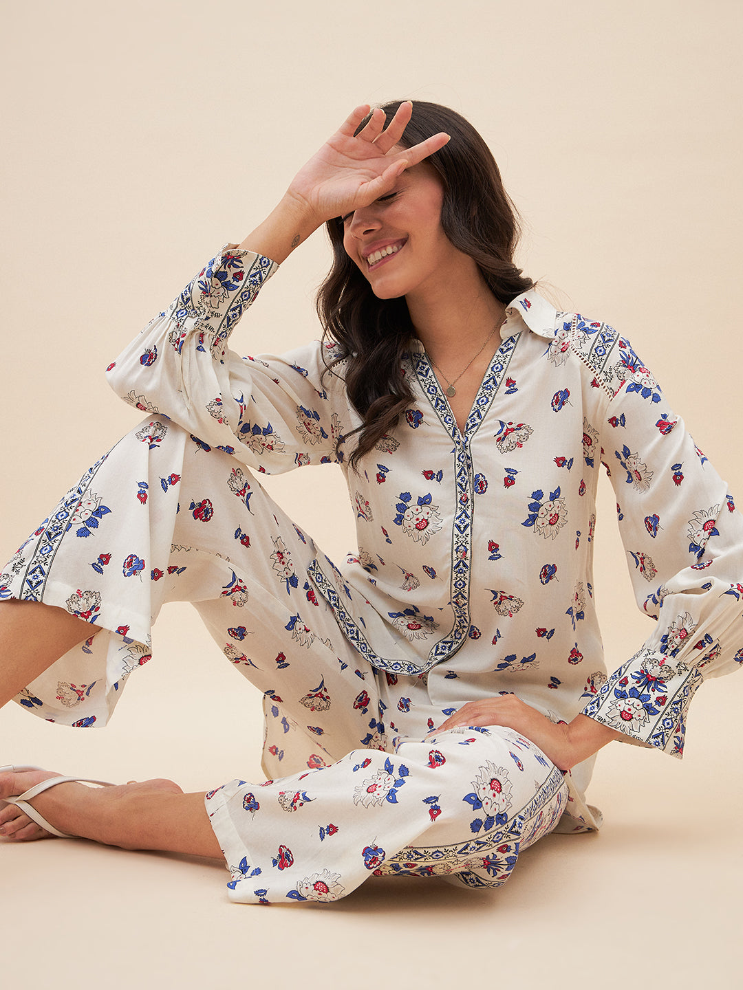 Off White Border Print Shirt Co-Ord Set
