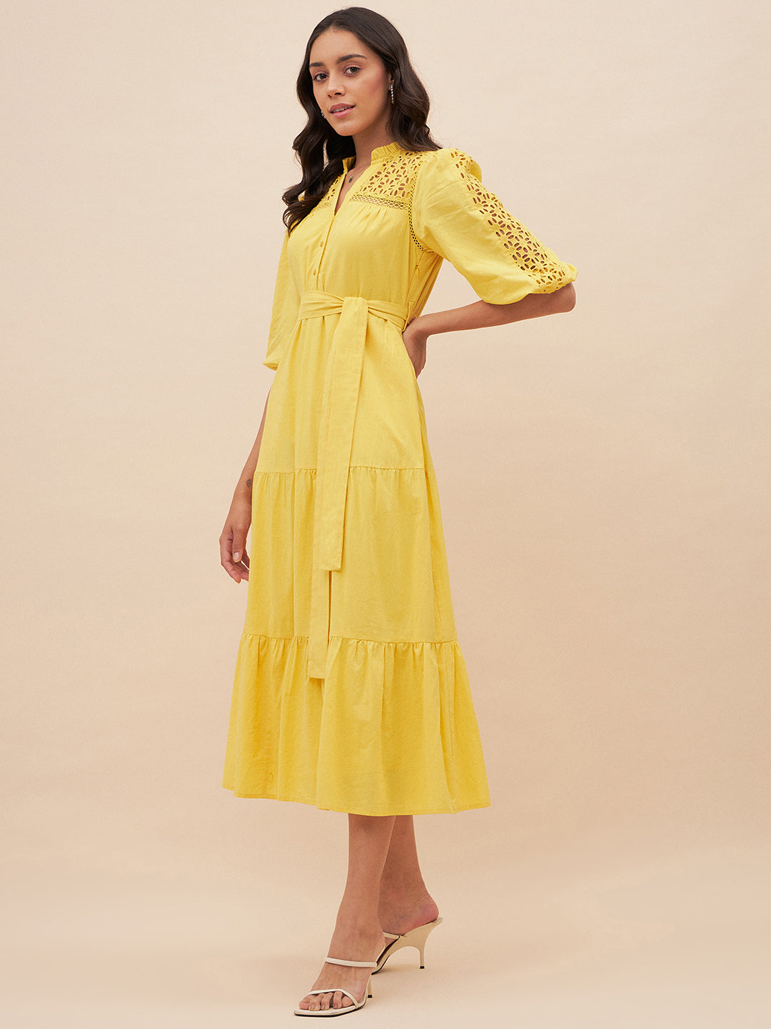 Yellow Cotton Schiffli Maxi Dress