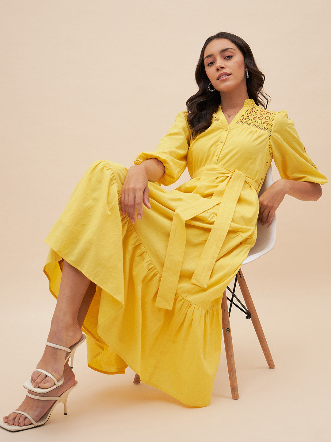 Yellow Cotton Schiffli Maxi Dress