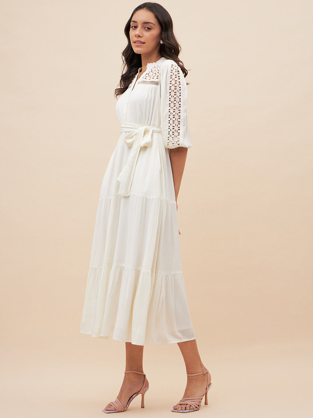 White Schiffli Detail Belted Maxi Dress