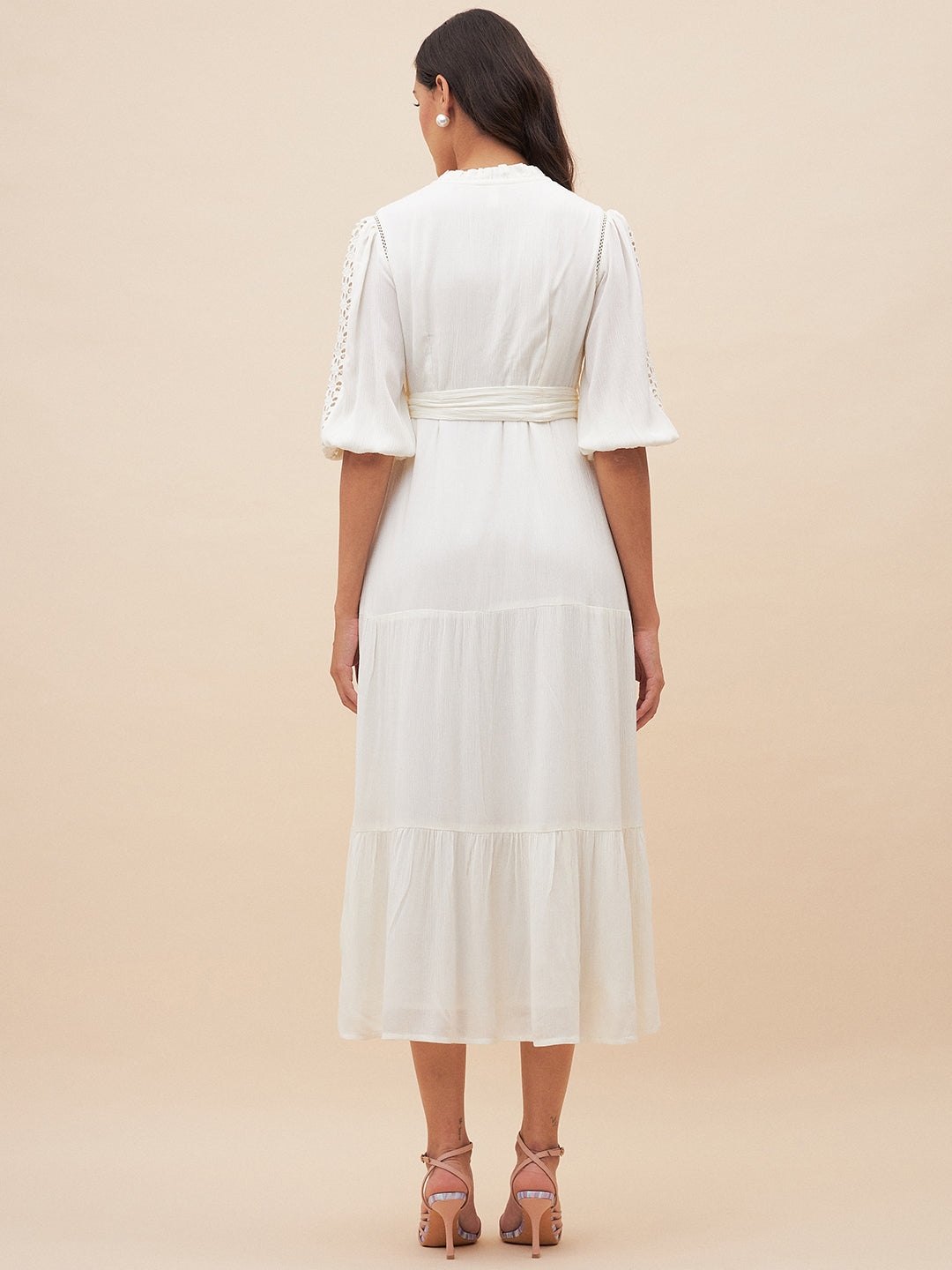 White Schiffli Detail Belted Maxi Dress