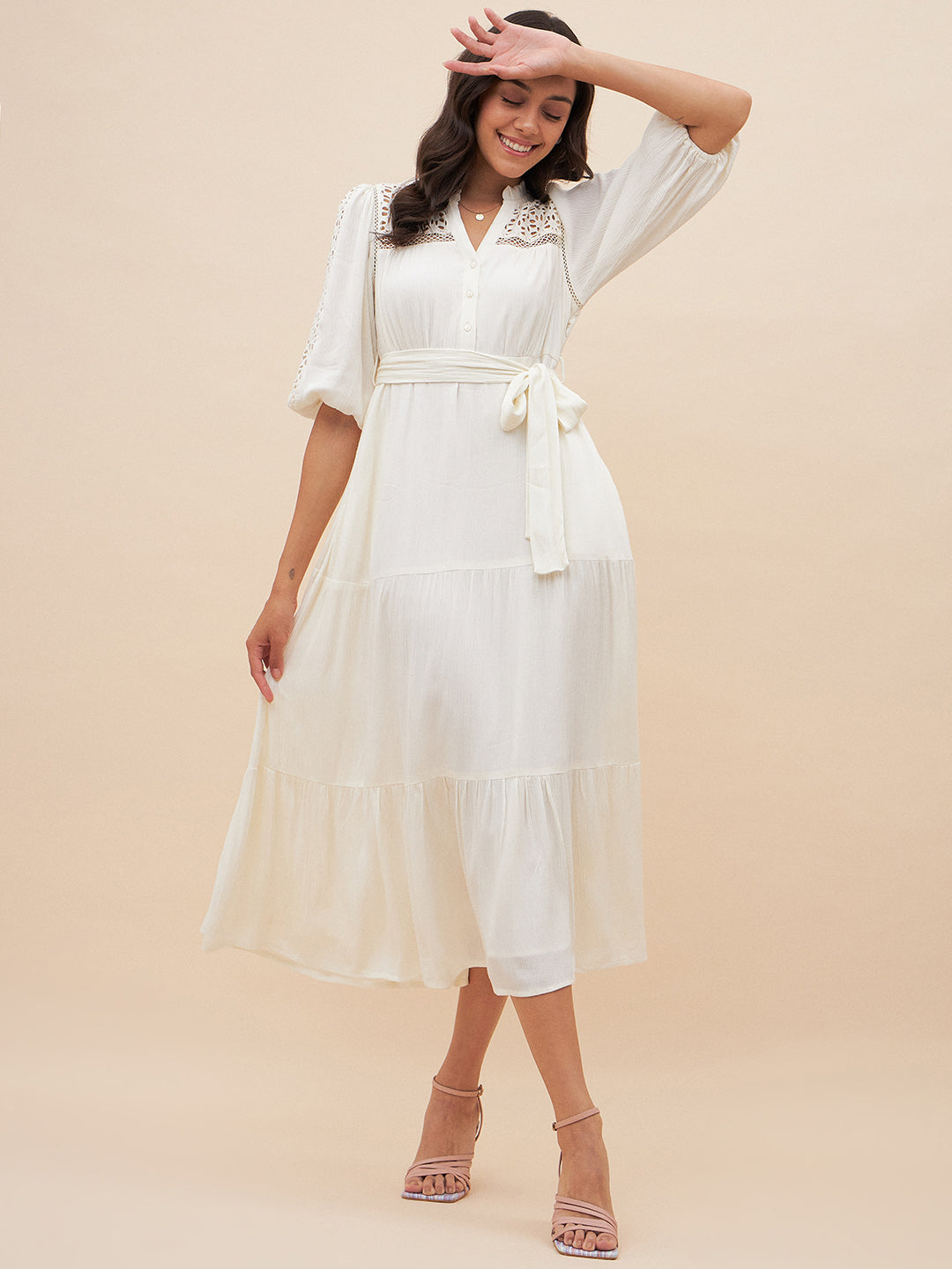 White Schiffli Detail Belted Maxi Dress