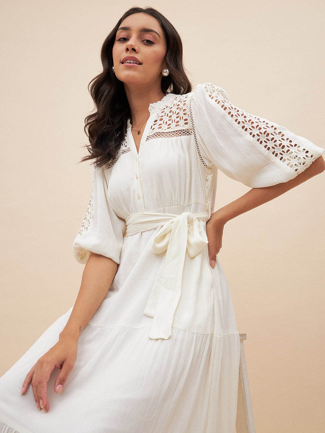White Schiffli Detail Belted Maxi Dress