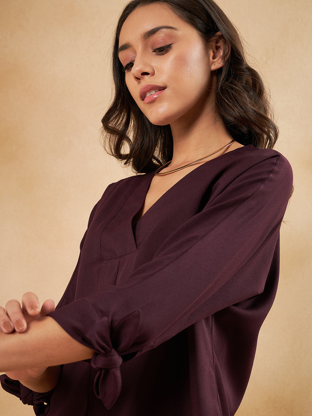 Wine Solid Tie-Up Detail Co-Ord Set