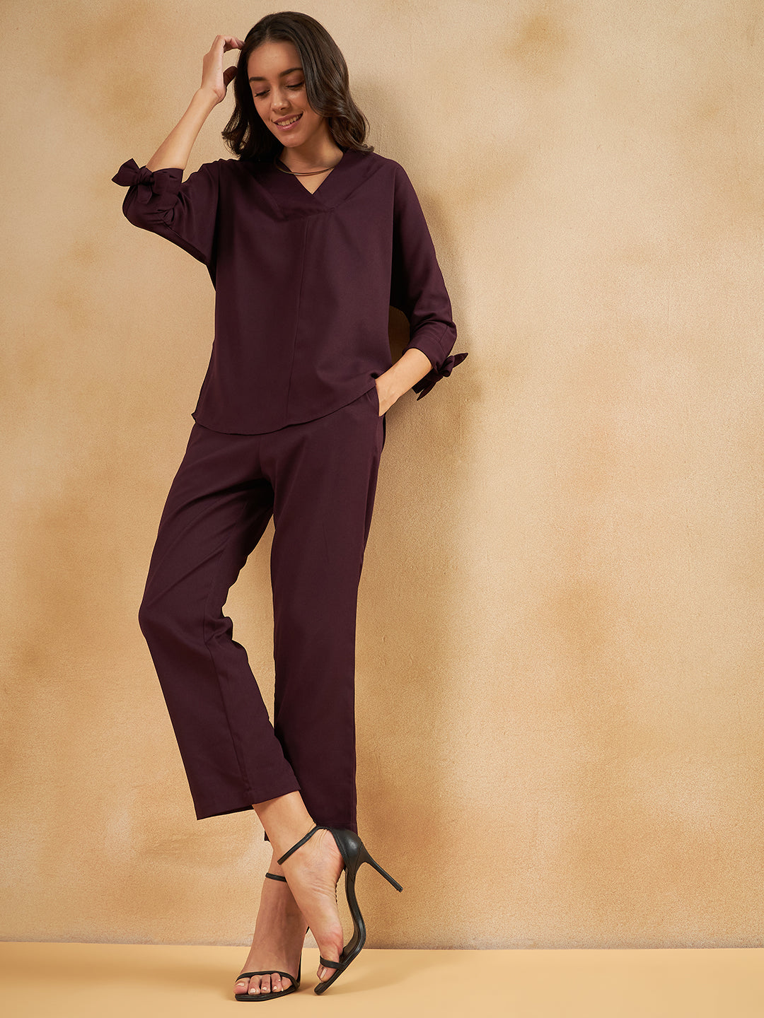 Wine Solid Tie-Up Detail Co-Ord Set