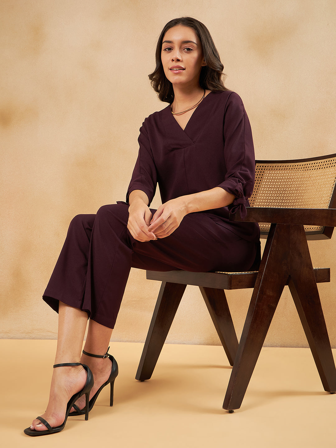 Wine Solid Tie-Up Detail Co-Ord Set