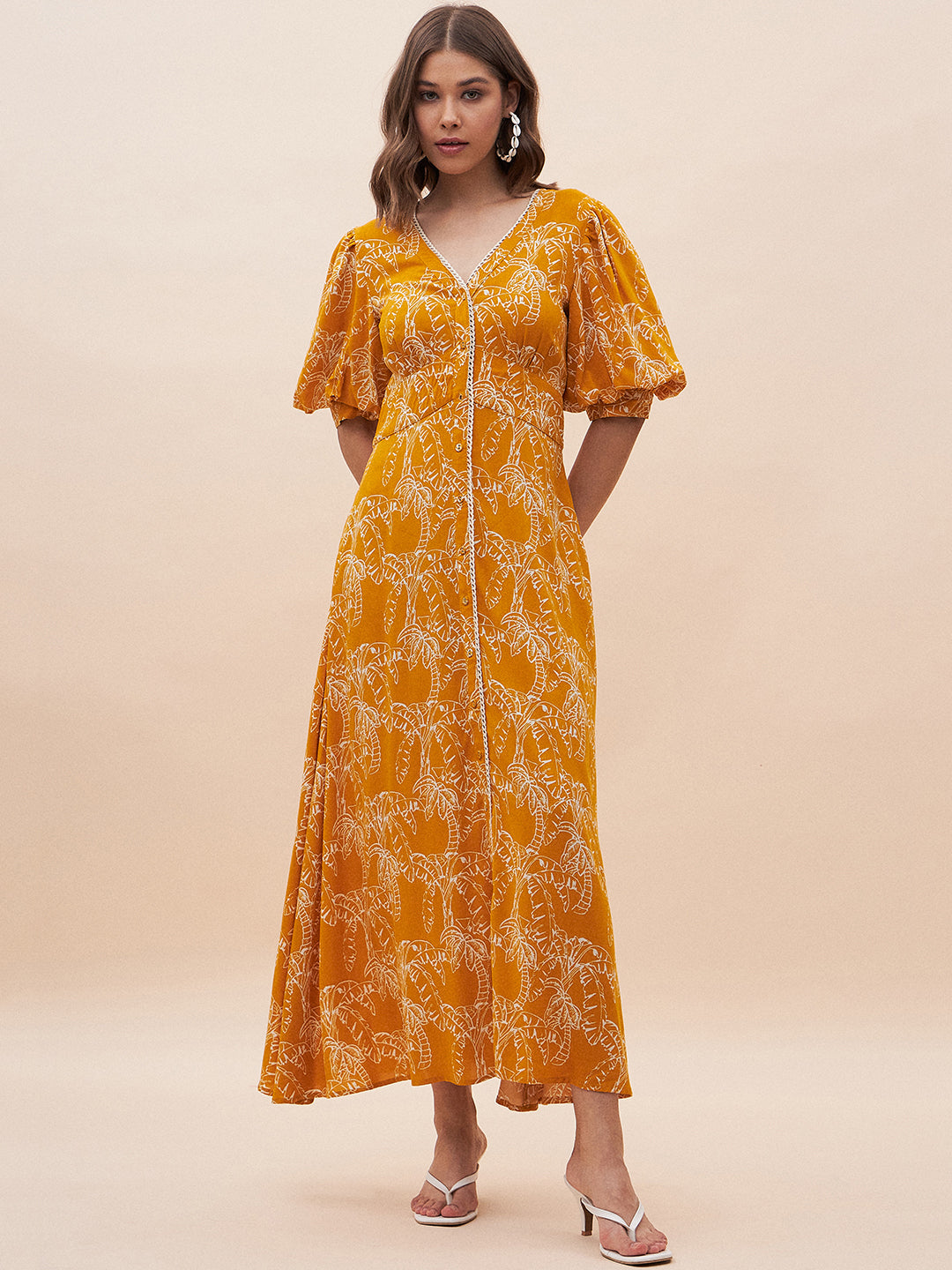 Mustard Palm Print Lace Detail Maxi Dress