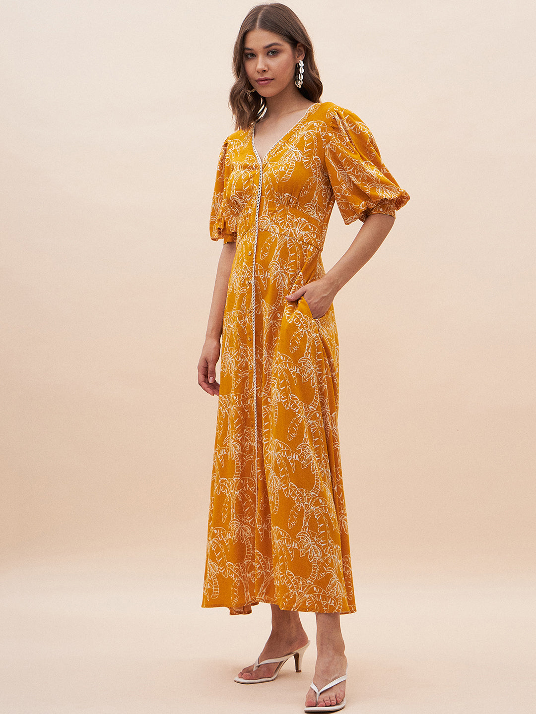 Mustard Palm Print Lace Detail Maxi Dress