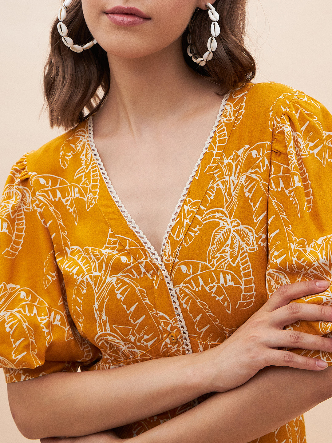 Mustard Palm Print Lace Detail Maxi Dress