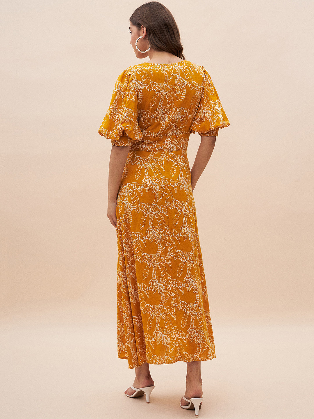 Mustard Palm Print Lace Detail Maxi Dress