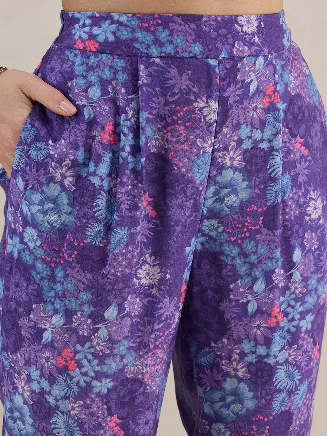Purple Floral Printed Schiffli Detail Coord Set
