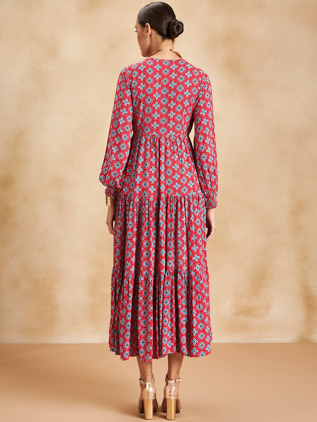 Red Tile Printed Wrap Detail Maxi Dress