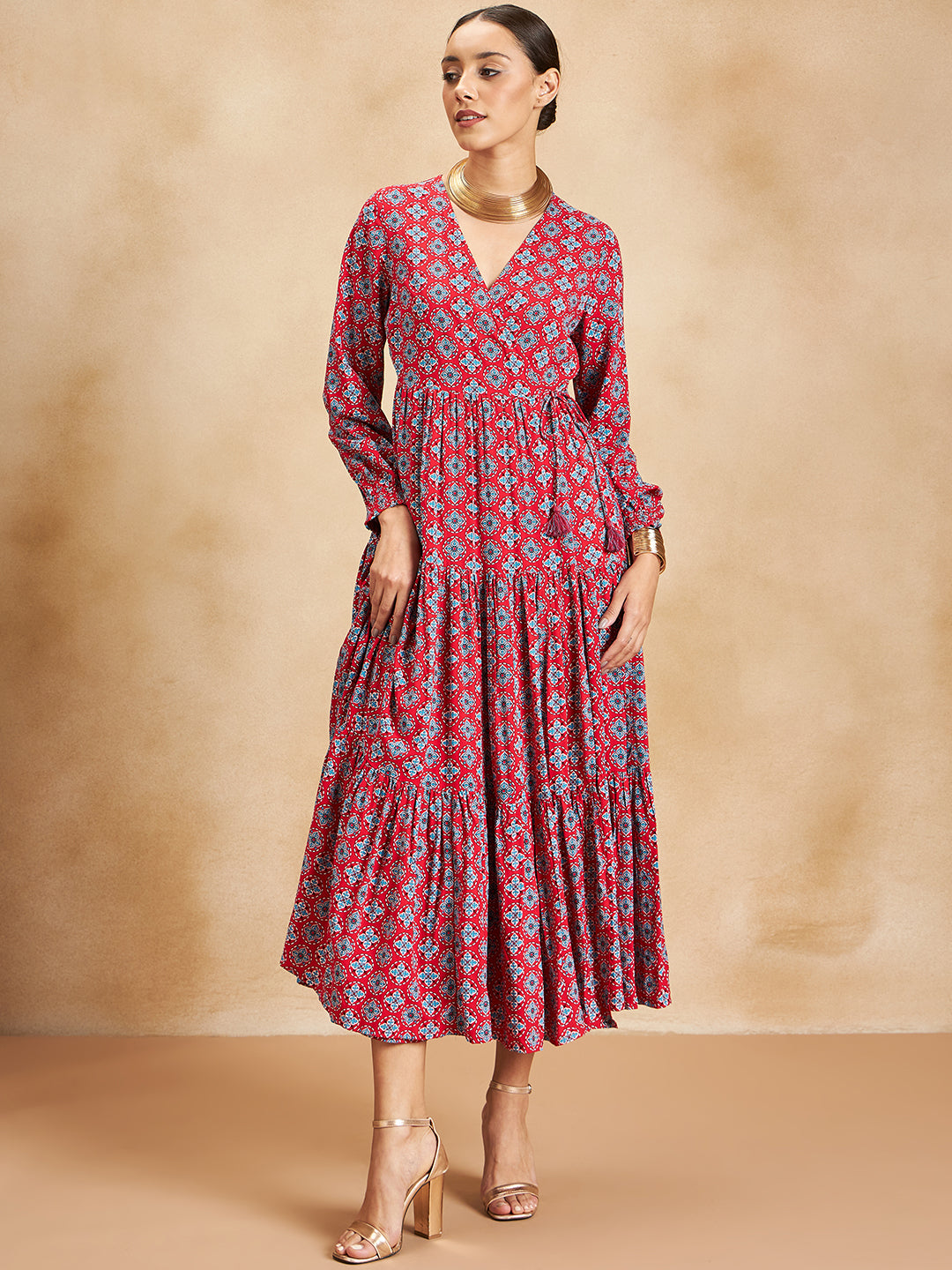 Red Tile Printed Wrap Detail Maxi Dress
