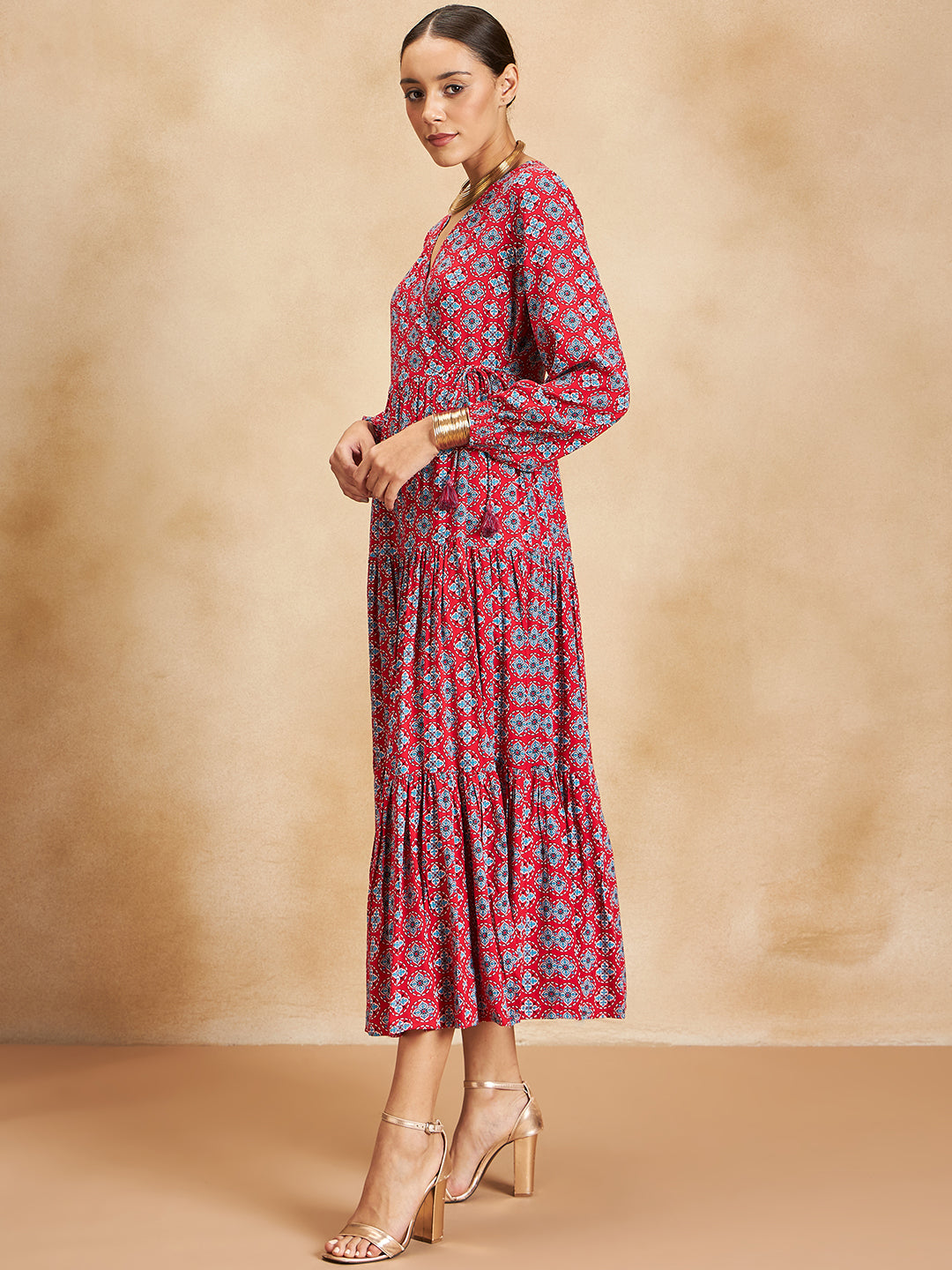 Red Tile Printed Wrap Detail Maxi Dress