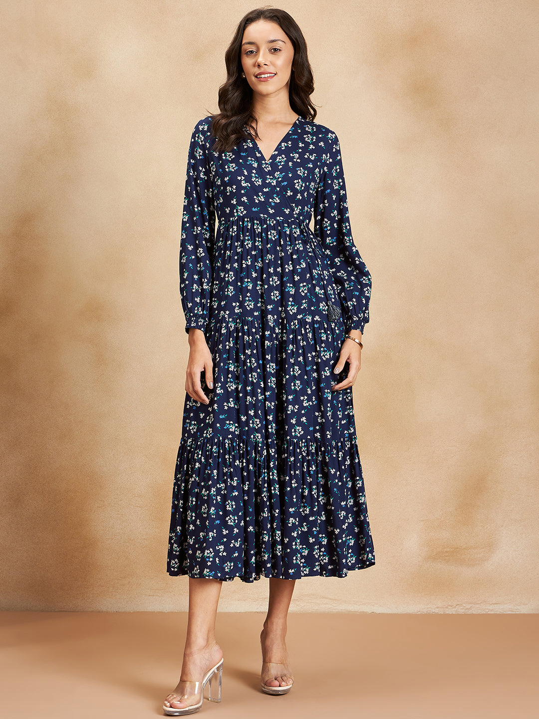 Navy Ditsy Printed Wrap Detail Maxi Dress