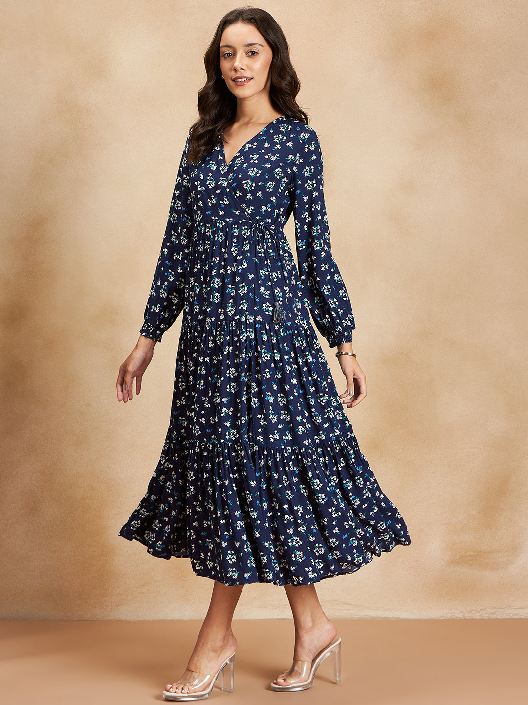 Navy Ditsy Printed Wrap Detail Maxi Dress