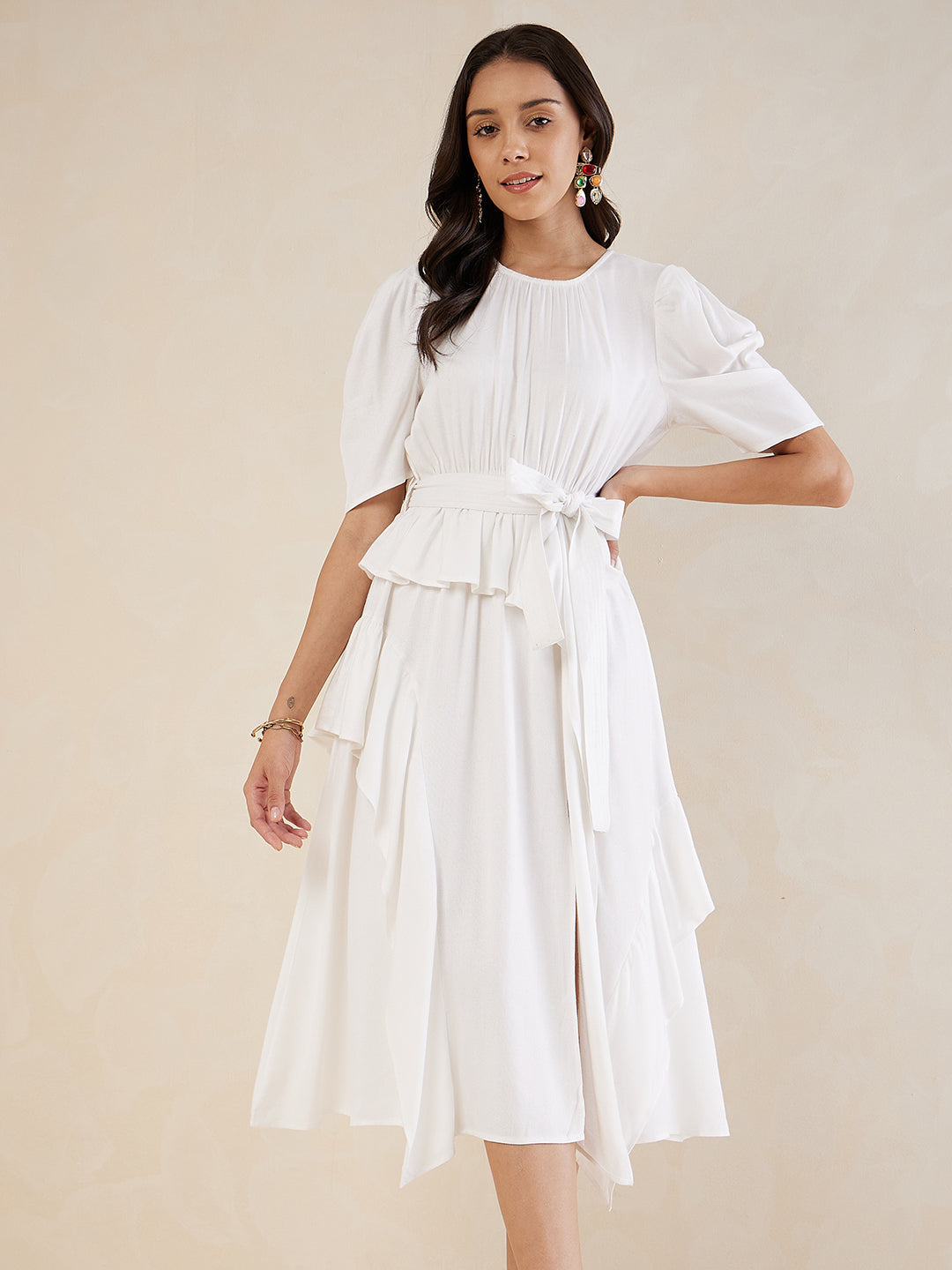 Off White Asymmetric Tiered Belted Midi Dress