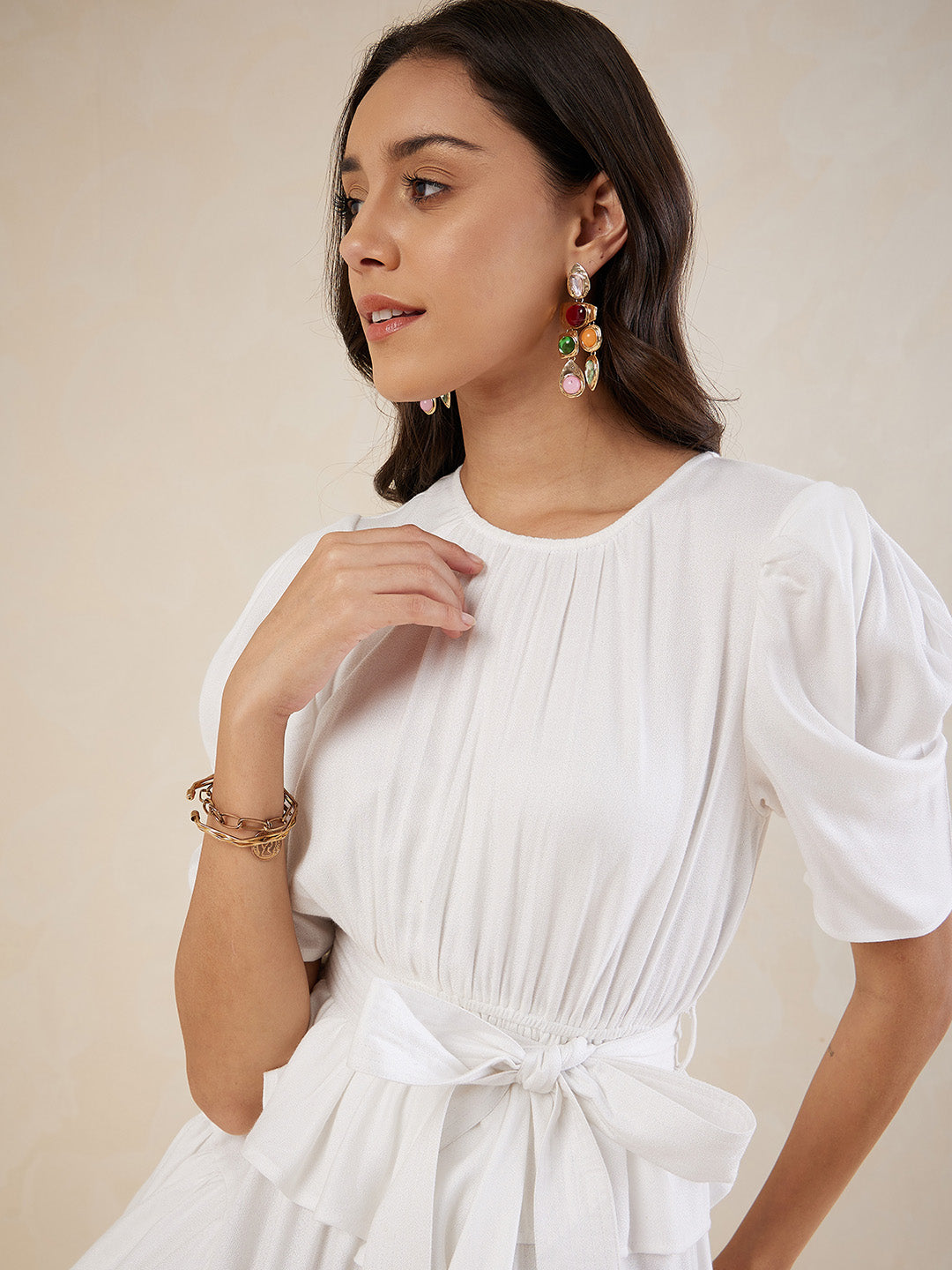 Off White Asymmetric Tiered Belted Midi Dress