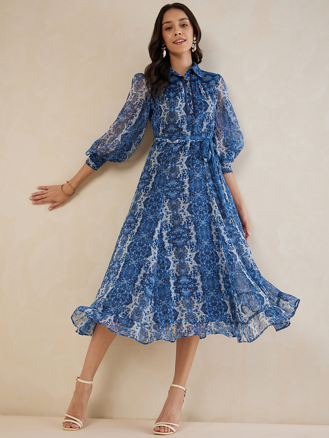 Navy Abstract Printed Solid Placket Detail Maxi Dress