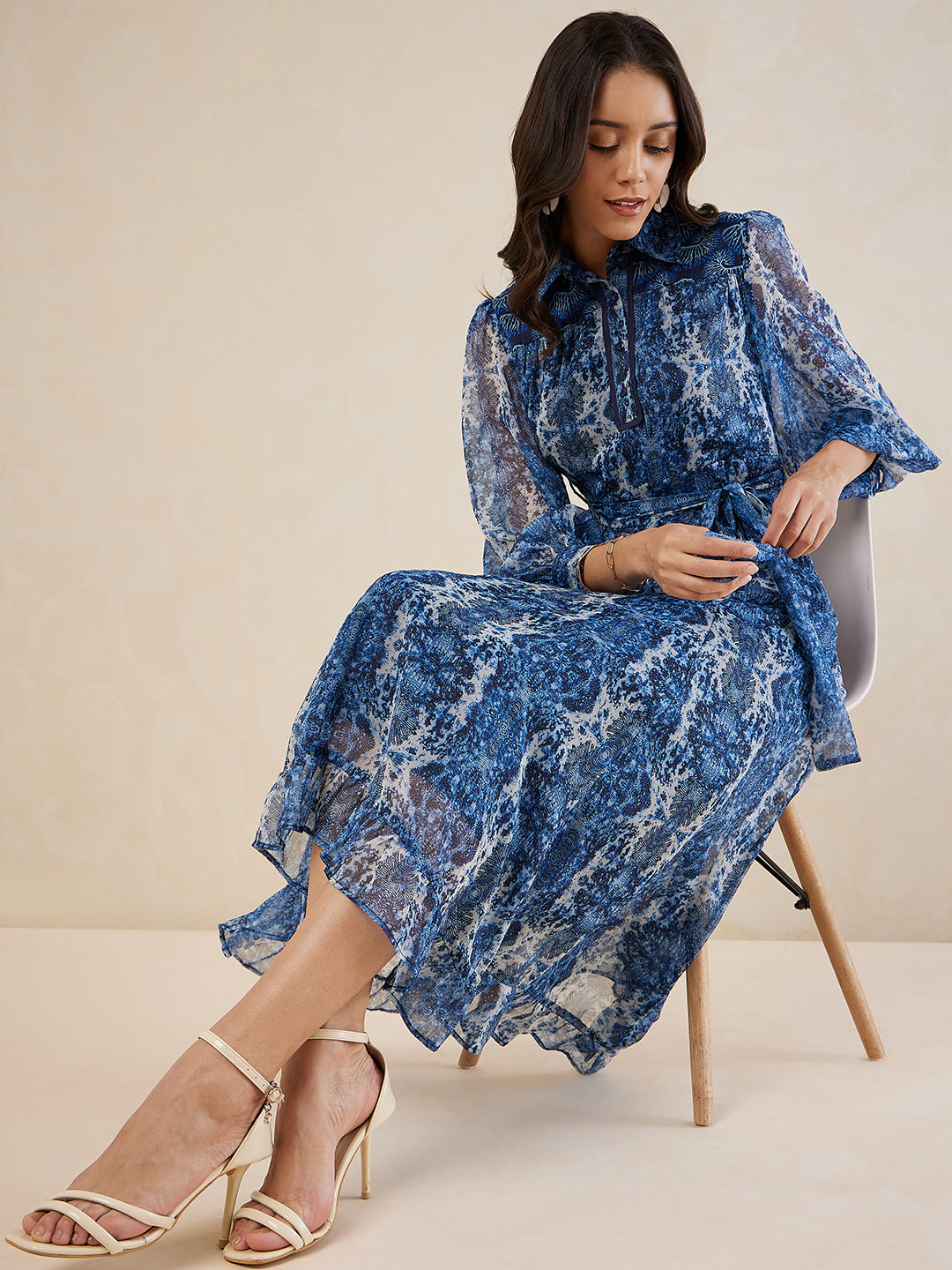 Navy Abstract Printed Solid Placket Detail Maxi Dress