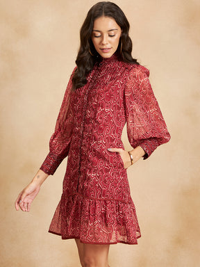 Red Geometric Printed Binding Detail Knee Length Dress
