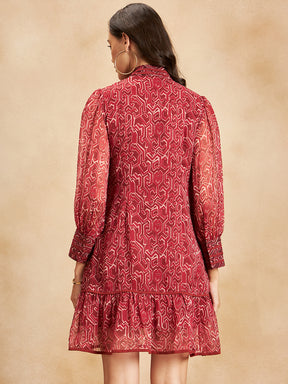 Red Geometric Printed Binding Detail Knee Length Dress