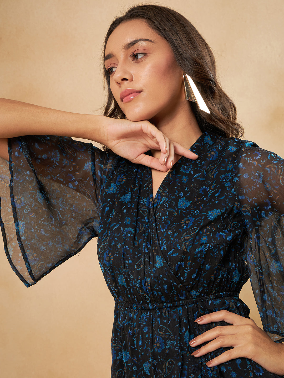 Black Paisley Printed Wrap Midi Dress