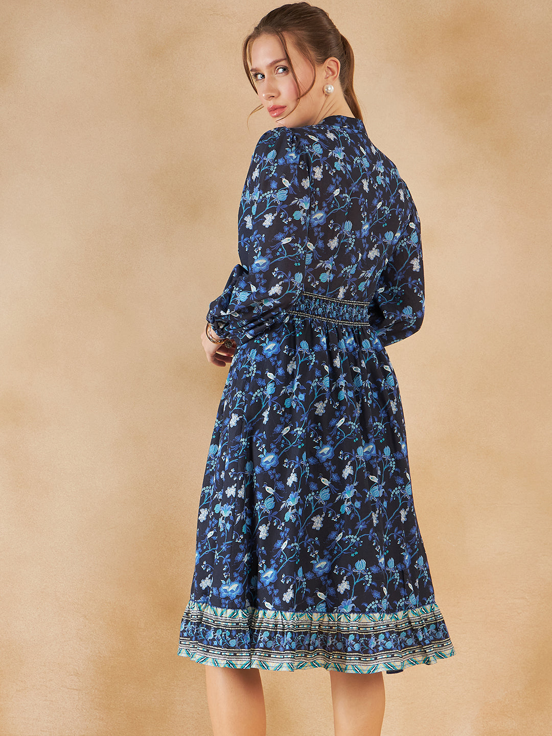 Blue Floral Border Printed Knee Length Dress
